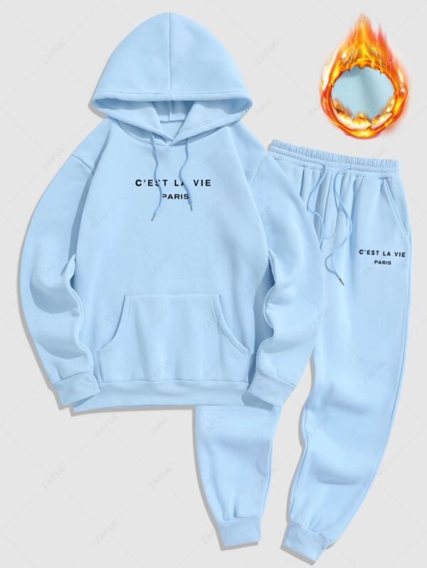 ladies Men's Minimalist Style Letter Pattern Fuzzy Fleece-lined Kangaroo Pocket Design Pullover Hoodie And Drawstring Jogger Sweatpants Set - LIGHT BLUE S