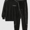 women's Men's Letter PARIS Contrast Piping Crew Collar Pullover Sweatshirt And Drawstring Jogger Pants Set - BLACK XXL