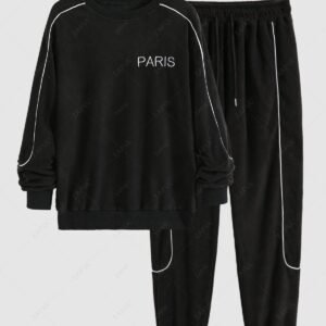 women's Men's Letter PARIS Contrast Piping Crew Collar Pullover Sweatshirt And Drawstring Jogger Pants Set - BLACK XXL