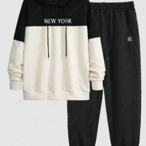 sale Men's Two Tone Letter Pattern Jacquard Textured Pullover Hoodie And Patch Design Drawstring Jogger Pants Set - BLACK XXL