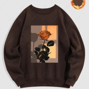 latest Men's Floral Rose Graphic Printed Fuzzy Fleece-lined Crew Neck Pullover Sweatshirt - DEEP COFFEE M