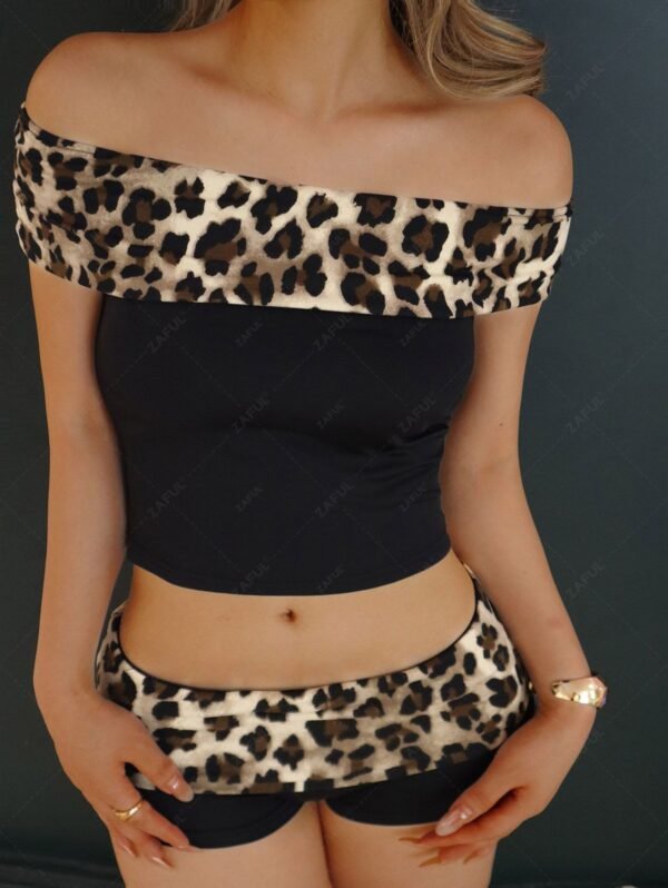 shop Women's Leopard Print Spliced Off Shoulder Crop Top and Micro Mini Shorts Set - BLACK ONE SIZE