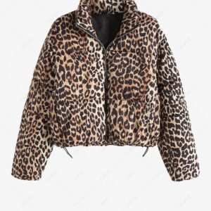 chic Women's Daily Leopard Print Zip Up Toggle Drawstring Padded Quilted Puffer Jacket - COFFEE L