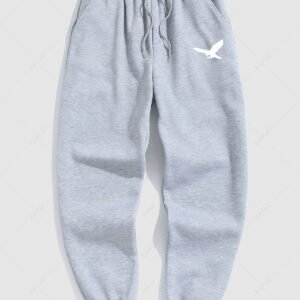 women Men's Minimalist Style Bird Pattern Fuzzy Fleece-lined Drawstring Jogger Sweatpants - GRAY M