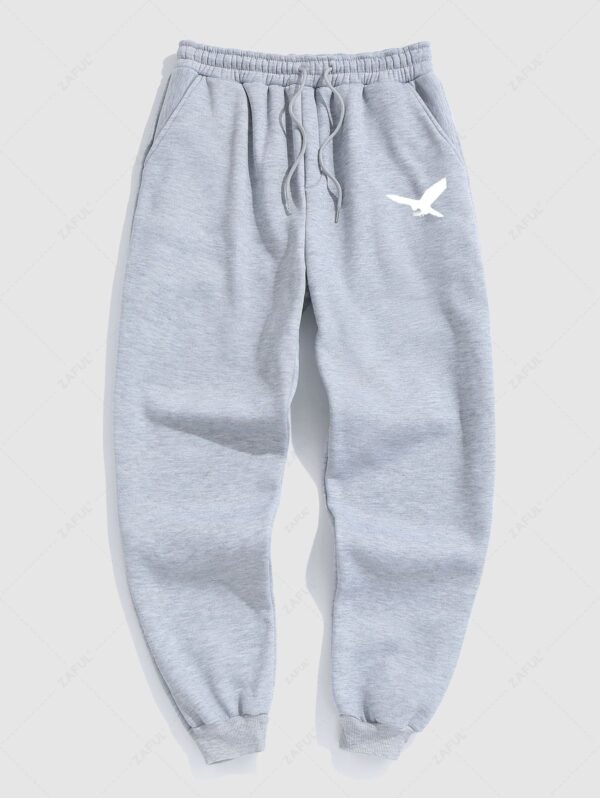 women Men's Minimalist Style Bird Pattern Fuzzy Fleece-lined Drawstring Jogger Sweatpants - GRAY M