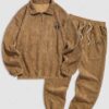 latest Men's Striped Patch Design Quarter Zip Stand Collar Corduroy Sweatshirt And Ribbed Drawstring Beam Feet Sweatpants Set - COFFEE ONE SIZE