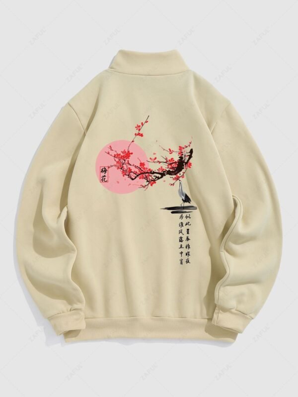 best Men's Chinese Character Floral Plum Blossom Bird Printed Fuzzy Fleece-lined Half Zip Stand Collar Kangaroo Pocket Design Pullover Sweatshirt - LIGHT COFFEE S