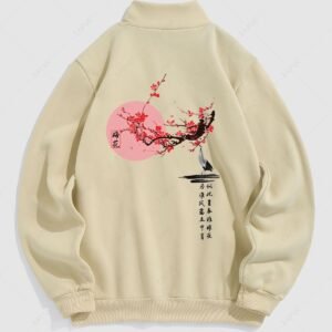 best Men's Chinese Character Floral Plum Blossom Bird Printed Fuzzy Fleece-lined Half Zip Stand Collar Kangaroo Pocket Design Pullover Sweatshirt - LIGHT COFFEE S