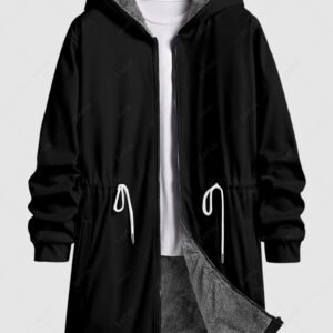 outfits Men's Casual Solid Color Drawstring Waisted Zip Fly Fleece-lined Hooded Long Coat - BLACK S