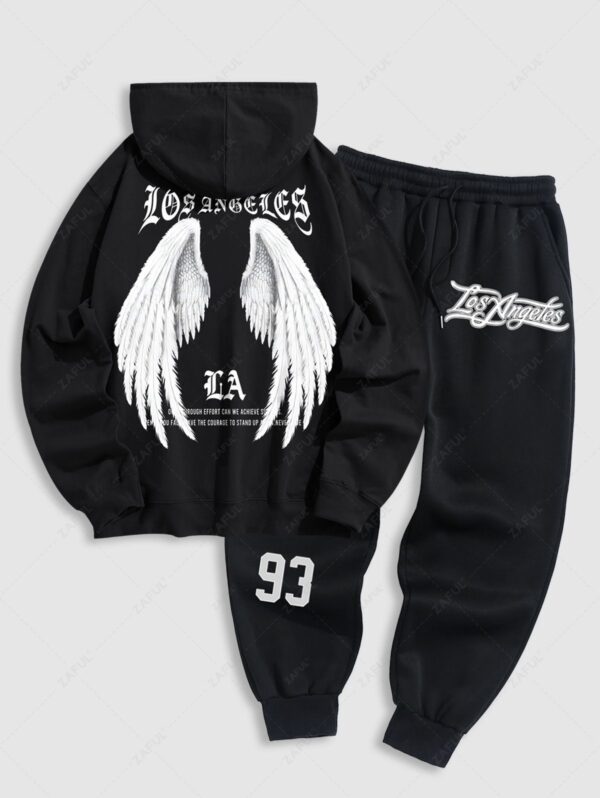 shops Men's Letter Slogan Wings Pattern Kangaroo Pocket Pullover Hoodie And Drawstring Jogger Sweatpants Set - BLACK ONE SIZE