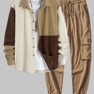 fancy Men's Casual Colorblock Button Up Long Sleeves Corduroy Shirt And Multi Pockets Patch Design Drawstring Cargo Jogger Pants Set - LIGHT COFFEE ONE SIZE