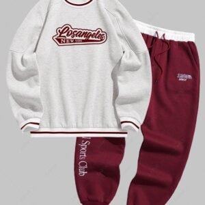 latest Men's Colorblock Letter Pattern Fuzzy Fleece-lined Crew Neck Pullover Sweatshirt And Letter Embroidery Drawstring Jogger Pants Set - DEEP RED ONE SIZE