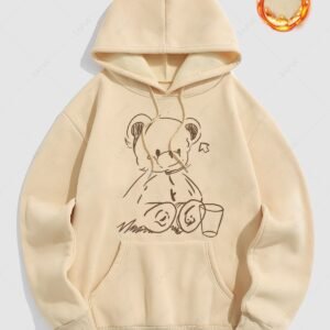 latest Men's Casual Bear Pattern Fuzzy Fleece-lined Kangaroo Pocket Design Pullover Hoodie - LIGHT COFFEE S