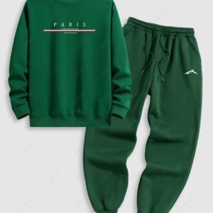 chic Men's PARIS Letter Graphic Printed Crew Neck Pullover Sweatshirt And Mountain Pattern Fuzzy Fleece-lined Drawstring Jogger Sweatpants Set - GREEN ONE SIZE