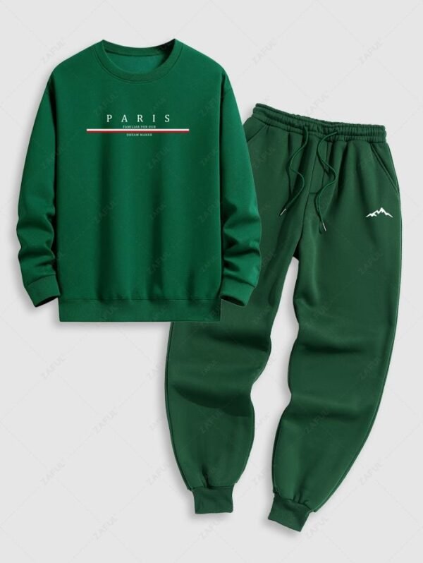 chic Men's PARIS Letter Graphic Printed Crew Neck Pullover Sweatshirt And Mountain Pattern Fuzzy Fleece-lined Drawstring Jogger Sweatpants Set - GREEN ONE SIZE