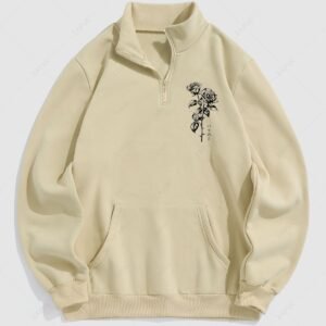 new Men's Japanese Floral Rose Printed Fuzzy Fleece-lined Half Zip Stand Collar Kangaroo Pocket Design Pullover Sweatshirt - LIGHT COFFEE S