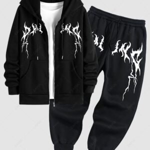 trendy Men's Casual Lightning Pattern Fuzzy Fleece-lined Zip Up Hooded Jacket And Drawstring Jogger Sweatpants Set - BLACK ONE SIZE