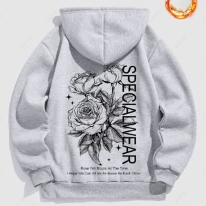 shop Men's Letter Floral Rose Pattern Fuzzy Fleece-lined Kangaroo Pocket Design Pullover Hoodie - GRAY S